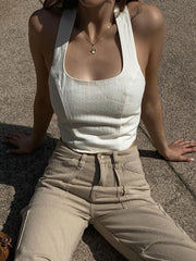 Lizakosht Elegant Summer Halter White Crop Tops for Women Sexy Backless Bandage Outfits Sleeveless Vest Tank Tops Cropped