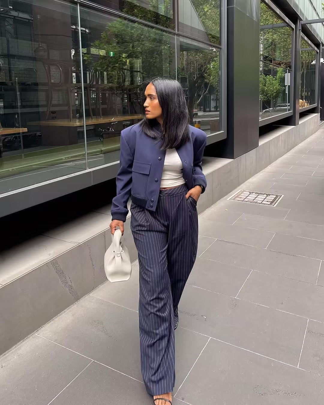 Lizakosht Fashion Striped Women Wide Leg Pants Female Casual Loose with Zipper Fly Trousers Ladies Mid Waist Chic Elegant Pants