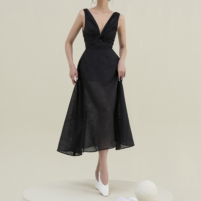Lizakosht Black Sleeveless Dress Women Clothing 2023 V Neck Elegant High Waist Summer Dresses Bodycon Vintage Runway Vestido Apricot