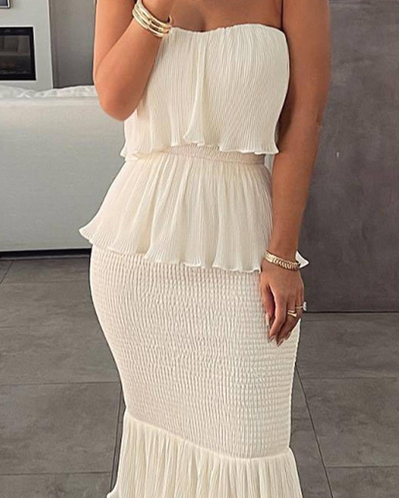 Lizakosht Bandeau Shirred Ruffle Hem Layered Dress Summer Fashion Strapless Pleated Frilly Long Dress Free Shipping