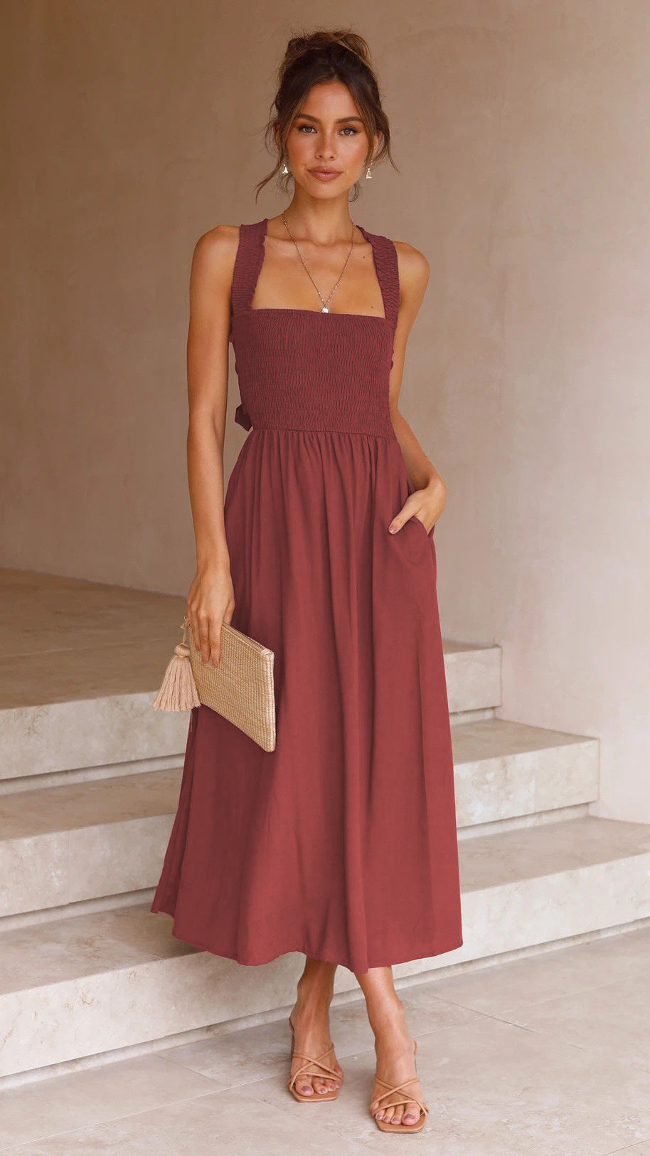 Casual Summer Dress Women Solid Color Fashion Backless Halter Cotton Long Elegant Linen Orange Maxi Dresses Female 2022 Vestido
