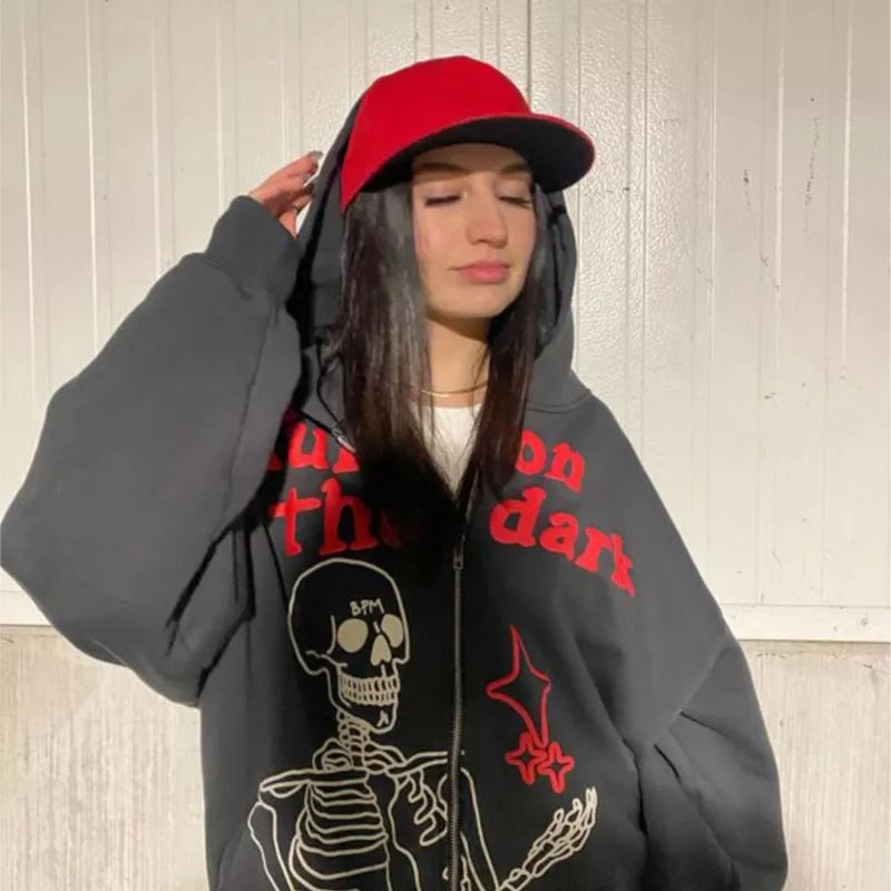 New streetwear fashion Retro hoodie women skull embroidery hooded cardigan sweatshirt man hiphop couple loose casual jacket ins