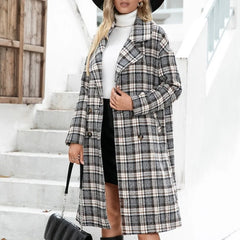 Lizakosht Suit Collar Long-sleeved Autumn and Winter Double-breasted Long Cashmere Houndstooth Woolen Coat Plaid Windbreaker Jacket Women