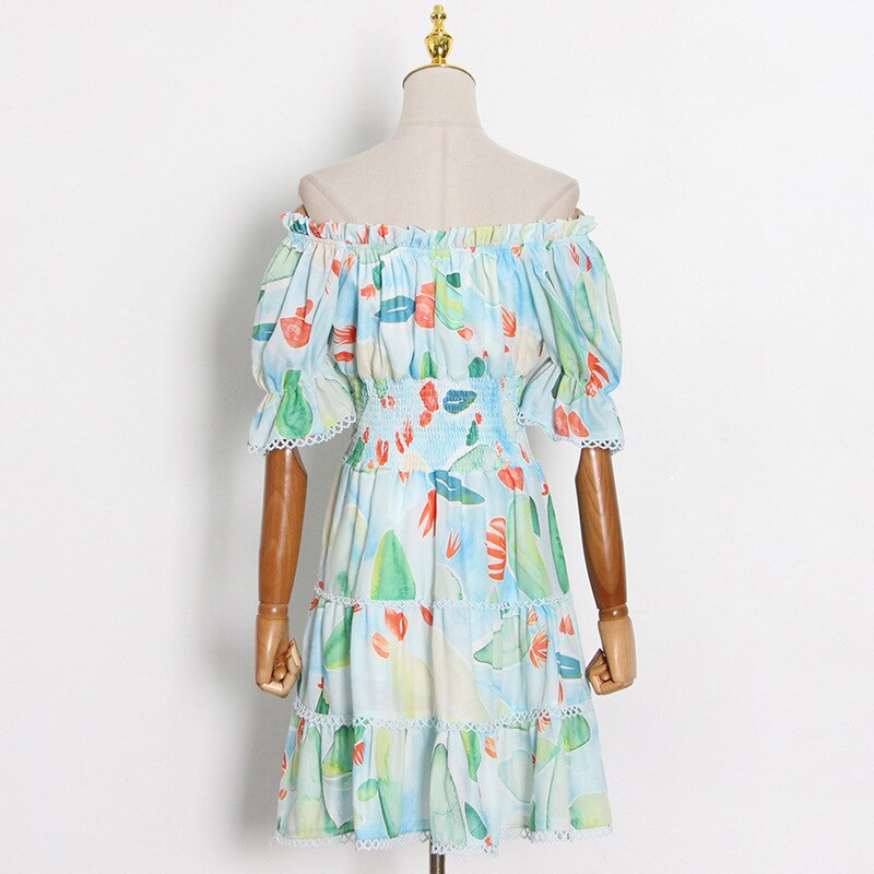 Lizakosht Summer Chiffon Dress New Square Neck Puff Sleeve Printed A-Line Short Dress Free Shipping
