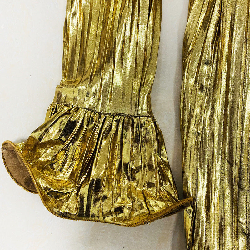 Lizakosht  Pleated Mini Dress with Belt Silver Gold 2022 New Designer BLING BLING Shiny Long Flare Sleeve Fashion Party Summer Dress
