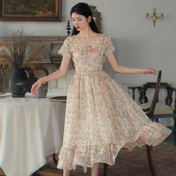 Lizakosht Cottage Mori Girl Print Floral Dress Woman Summer Vingtage F