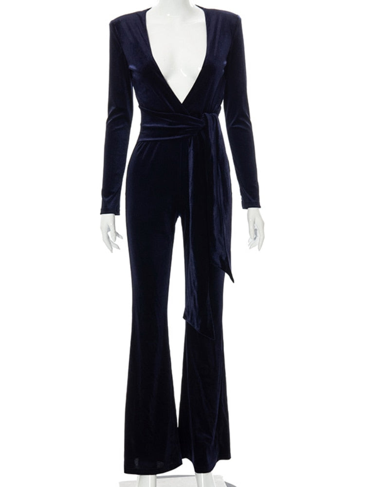 Spring Autumn Women's Sexy Deep V Neck Long Jumpsuit Workwear Ladies Wide Leg Black Velvet Jumpsuit Jumpsuit with Belt Jumpsuit