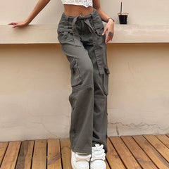 Lizakosht Harajuku Pockets Cargo Jeans Sashes Korean Fashion Loose Straight Denim Trousers Y2K High Waist Pants Vintage Streetwear