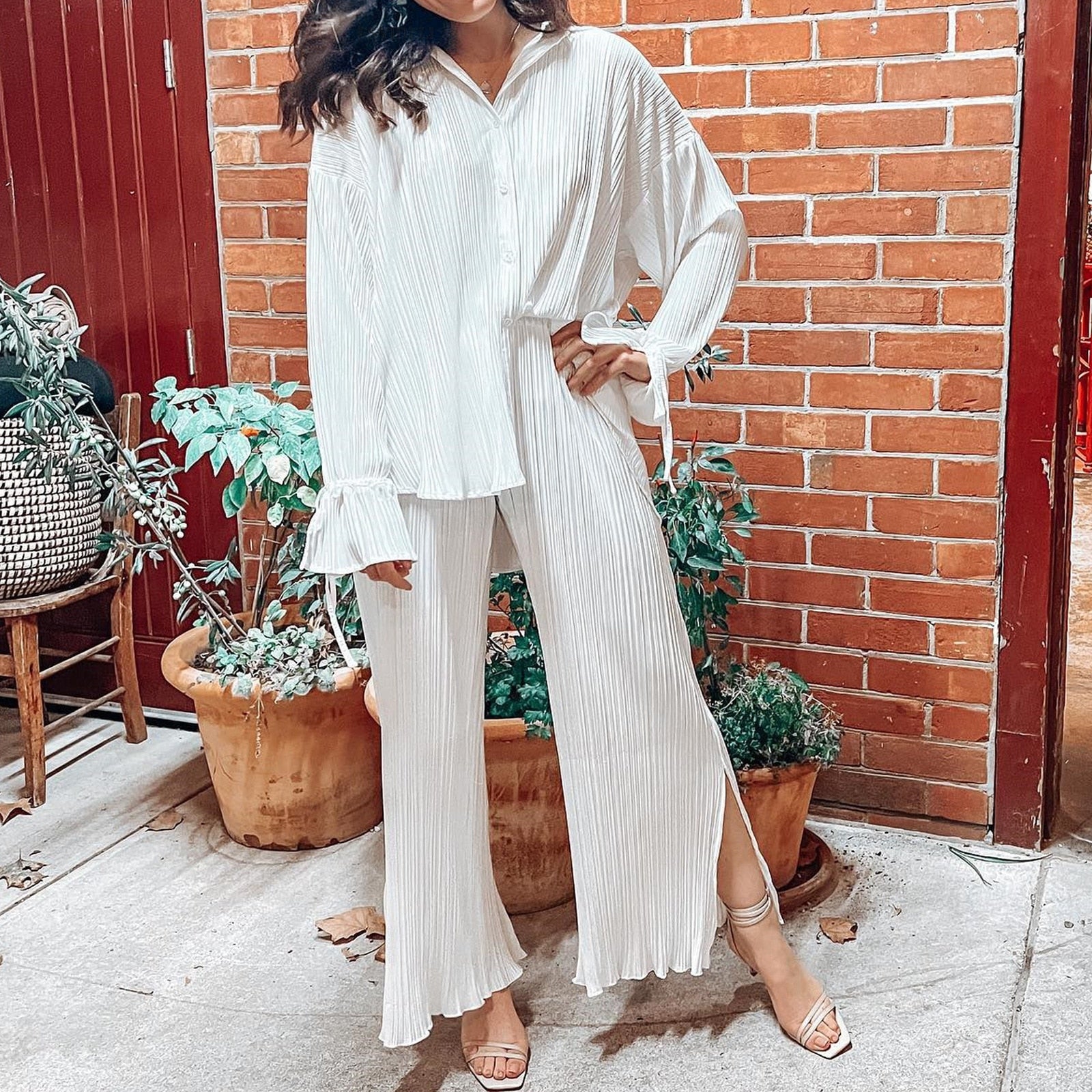 Lizakosht for Women Two-piece Pleated Pants Suits Casual Chic Solid Color Long Sleeve  Straight Leg Trousers Set Female Sleepwear