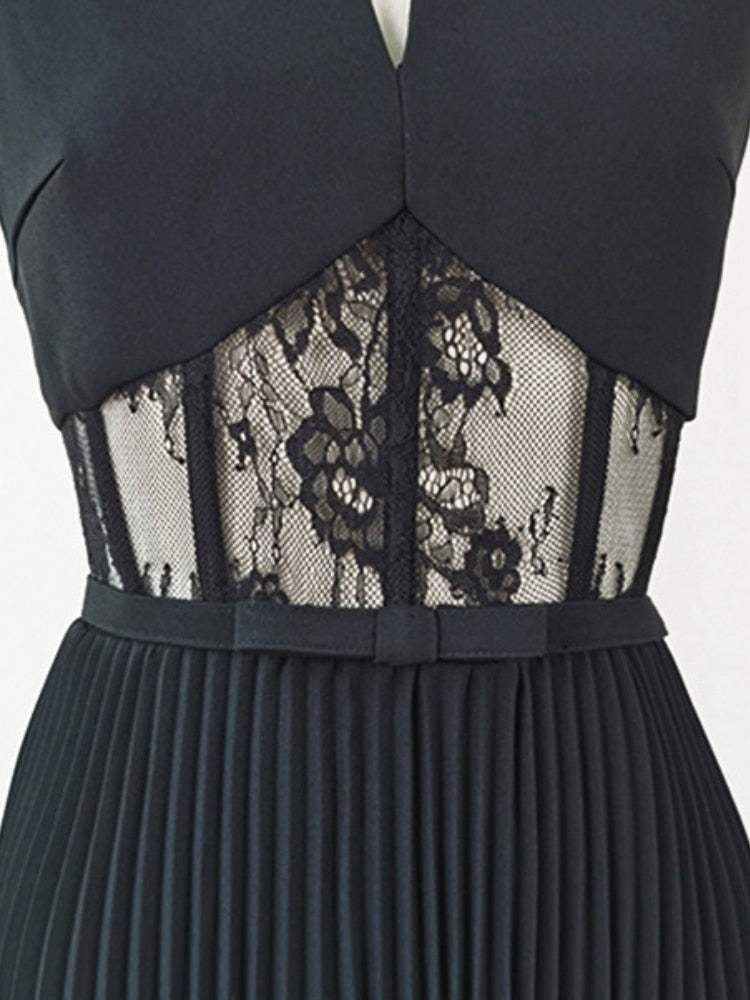 Lizakosht Summer New Black Sexy Lace Long Dress Niche Design Embroidery Hollow High Waist Pleated Evening Dress V-Neck Party