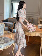 Lizakosht Sweet Gentle Elegant Dress for Women Mesh Flower Pleate Bubble Sleeve Bodycon Fishitail Robe Party Holiday Vestido Maxi Clothes