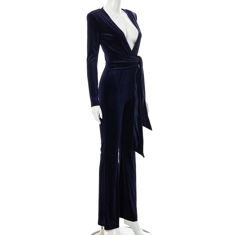 Spring Autumn Women's Sexy Deep V Neck Long Jumpsuit Workwear Ladies Wide Leg Black Velvet Jumpsuit Jumpsuit with Belt Jumpsuit