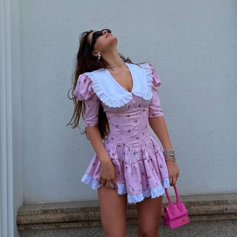 Lizakosht Summer Elegant Corset Party Dress for Women Y2K INS Sexy Short Puff Sleeve V Neck Lace Pleated Party Princess Dress