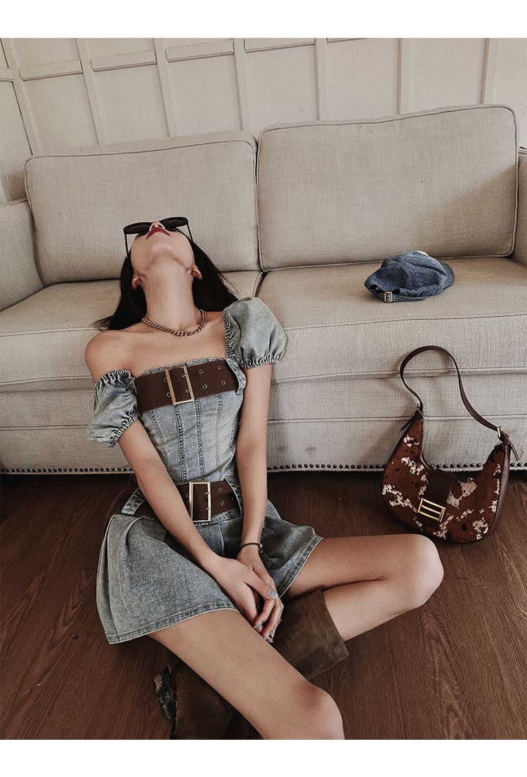 Lizakosht Sexy Y2k Dress Denim Women Streetwear Chic Bodycon Summer Mini Dresses Pleated Square Collar Puff Sleeve Party Robe