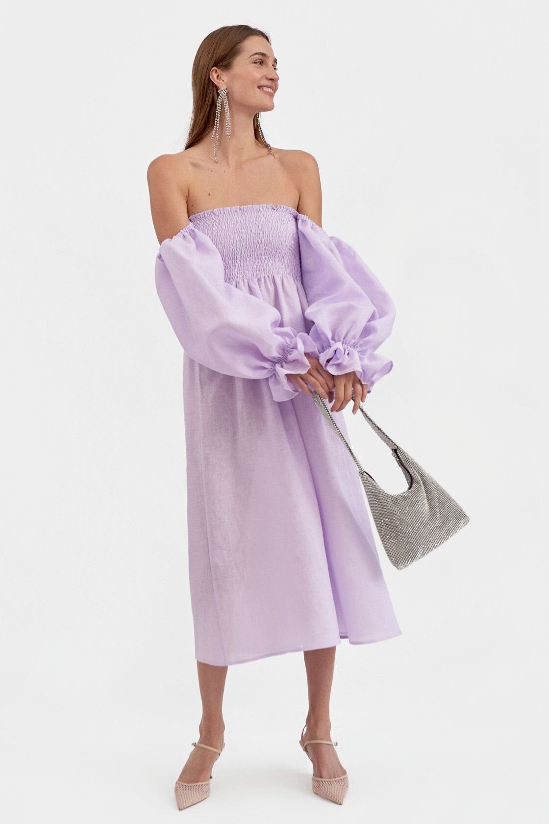 Lizakosht Women New Vintage Style Square Collar Long Puff Sleeve Off the Shoulder Lady Linen Midi Dress