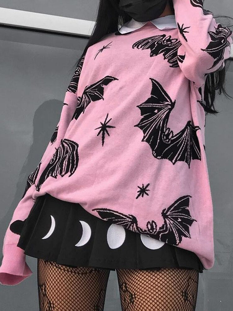 Gothic Y2K Bat Graphics Pink Sweaters Fairy Grunge Mall Winter Aesthetic Pink Black Pullover Harajuku Long Sleeve Knitting Tops