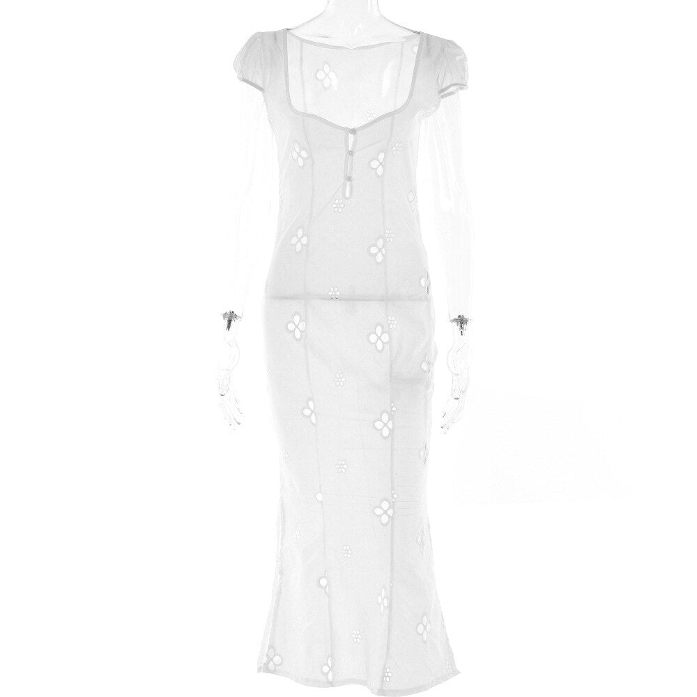 Lizakosht Sexy Hollow Out Midi Dress for Women Summer Elegant Chic V-Neck Slim Party Dress White Short Sleeve Casual Dress