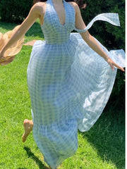 Lizakosht Romantic Women Blue Plaid Halter Long Dress Sexy Backless Sleeveless Ladies Holiday Summer Dresses Fairy Robe