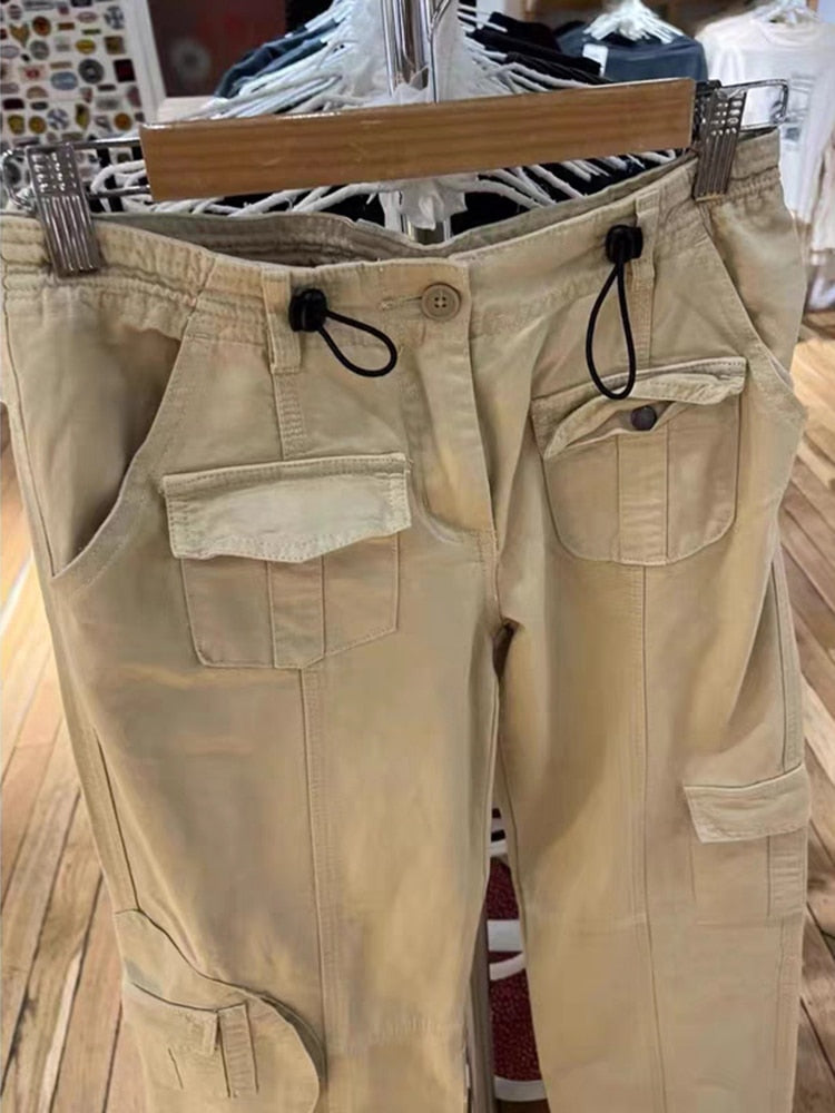Lizakosht Vintage Khaki Baggy Cargo Pants Casual Spring Streetwear Pockets Wide Leg High Waist Pants Chic Harajuku Solid Straight Trousers