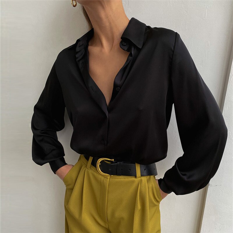 Lizakosht  Satin Shirt Spring and Summer Long Sleeve Temperament Shirt Lapel  Woman Button Up Shirt Long Sleeve Blouse Shirts Women Shirts