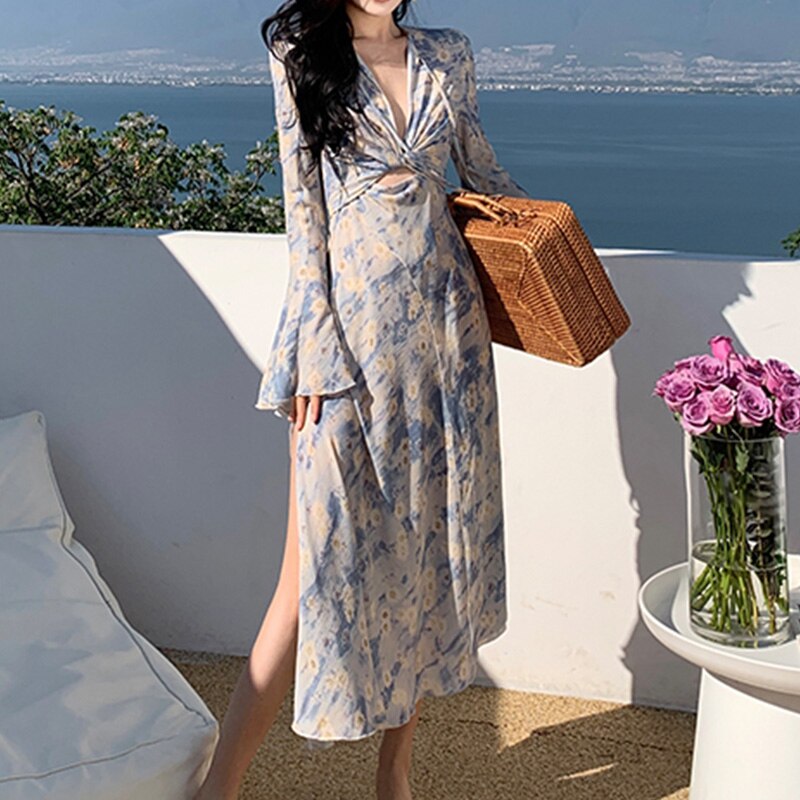 Lizakosht Blue Printed Elegance Dress Women Summer Hollow Out Evening Party Dresses Ladies Sexy Long Vestido Vacation