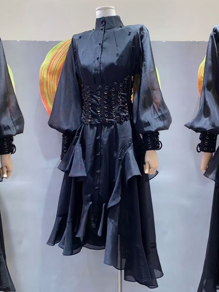 Lizakosht Designer's vintage print button-up long-sleeved dress Women's new fall fashion luxury loose peplum irregular pompadour dress
