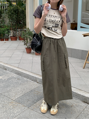 Lizakosht Y2K Drawstring Cargo Skirts for Women Side Pockets Elastic High Waist Streetwear Casual Skirt Korean Girls Summer Fashion