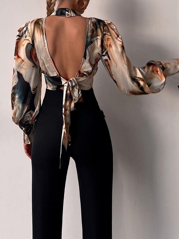 Vintage Print Lantern Sleeve Lace-Up Womens Shirt 2022 Elegant Hollow Out Backless Crop Top Sexy Fashion Turtleneck Blusa Blouse