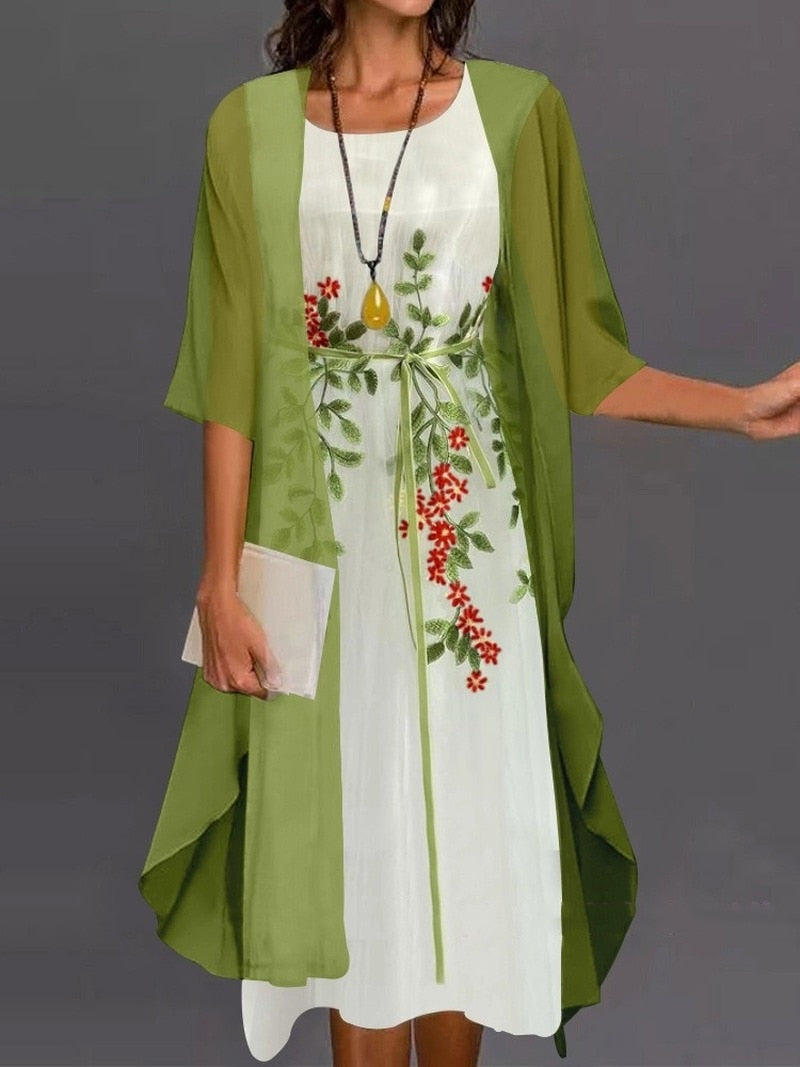 Spring Summer Women Sleeveless Dress Chiffon Irregular Coat Two Piece Set 2022 Lace Printed A-LINE O-Neck Casual Dresses