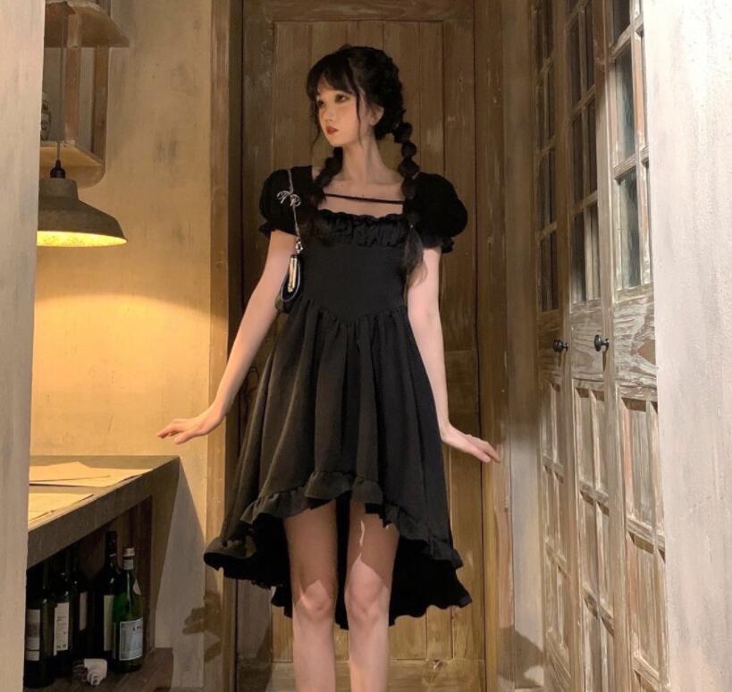 Vintage Lolita Dress Women Irregular High Low Ruffle Patchwork Square Collar Puff Sleeve Solid Elegant Princess Dress