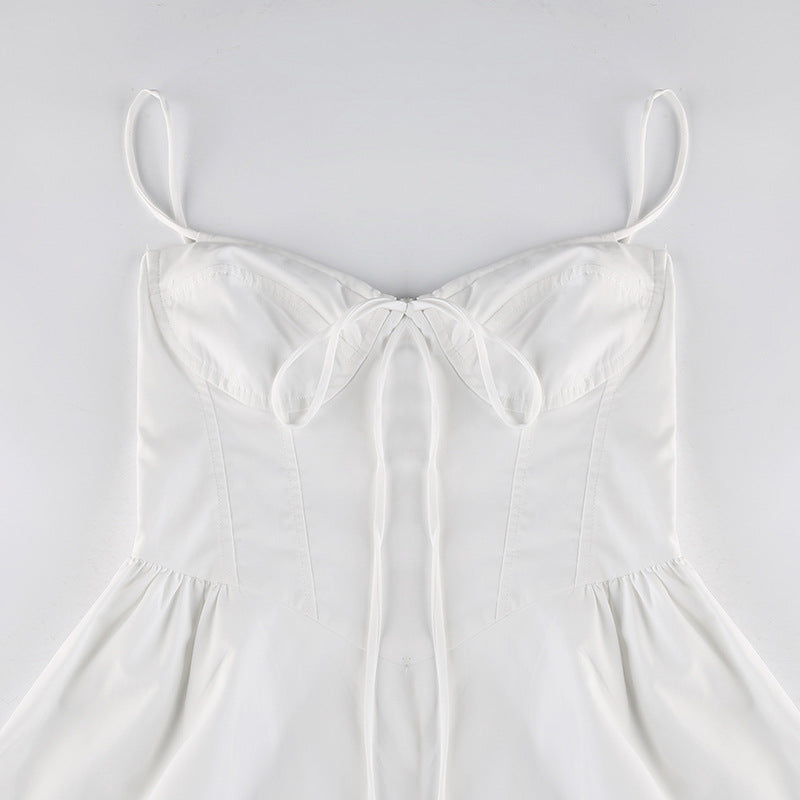 Lizakosht  Women's White Dress Low Cut Sling Dress Feminine Waist White Long Dress