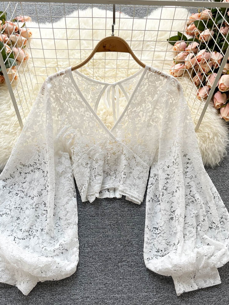 Lizakosht Autumn Black/White/Brown Sexy Lace Blouse Women Elegant V-Neck Puff Long Sleeve Open Back Short Tops Female Party Blusas