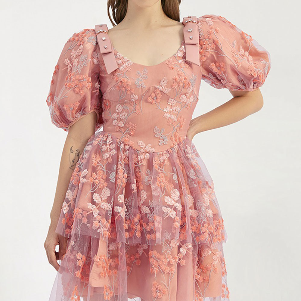 Lizakosht  Pink Sequin Embroidery Dress Women Summer Vacation Mini Bodycon Dress Puff Sleeve Square Neck Vintage Vestido
