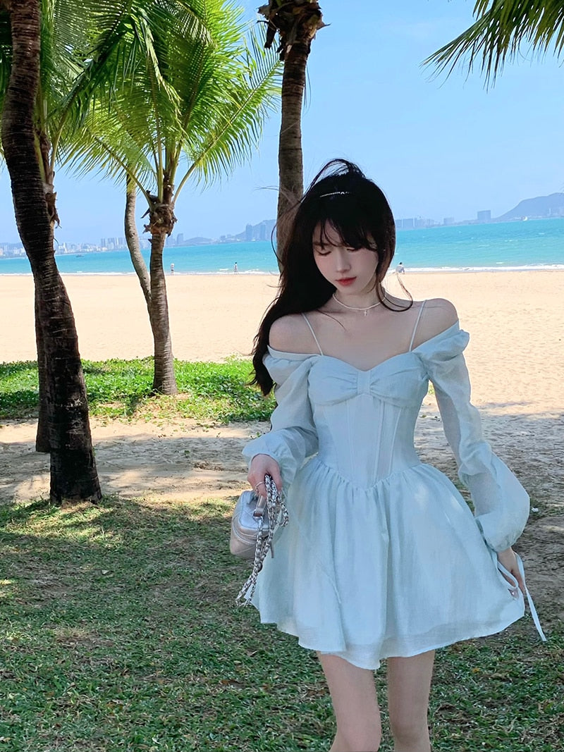 Long Sleeve Dress Female Blue Sweet A-Line Summer High Waist Vintage Slim Fairy Dress Princess Dress Sundress Beachwear Holiday