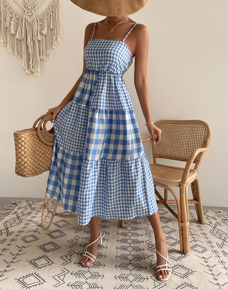 Lizakosht Summer New Women's Clothing Mid-length Light Mature Fashion Plaid Polyester Dress Suspenders Large Swing Skirt
