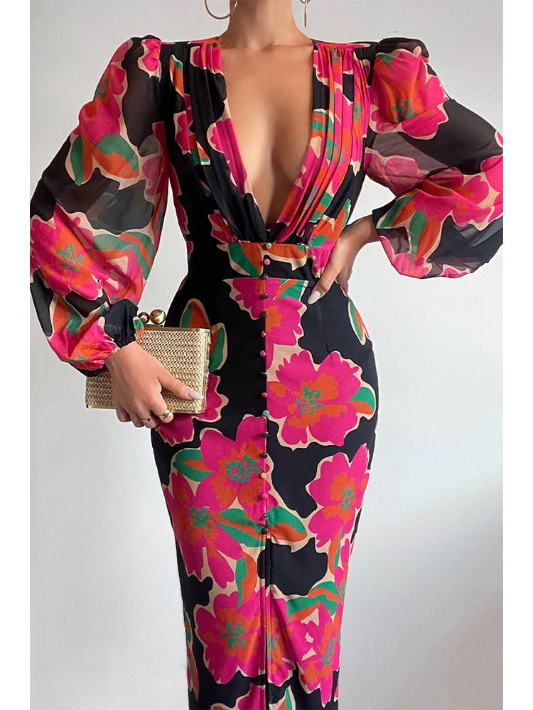 Lizakosht V Neck Sexy Party Women Robe Dress Lantern Sleeve Spring Summer Maxi Elegant Printed Boho New Dress Vestido