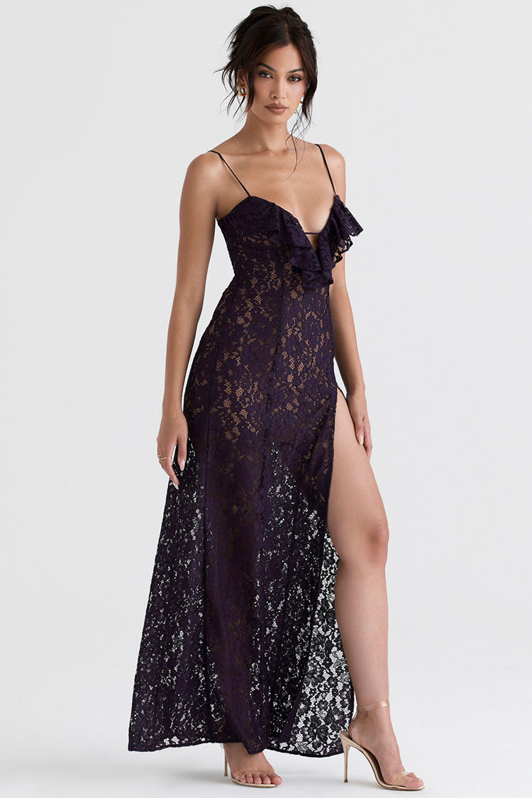 Lizakosht Summer Women's Dress V Neck Sling Sleeveless Off Shoulder Dress Slit Sexy Backless Lace Black Lace Dress