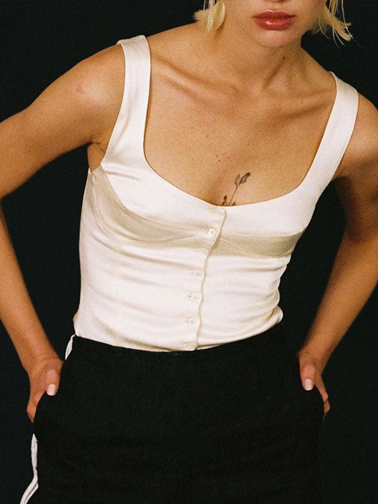 Lizakosht Satin Square Neck Sleeveless Cardigan Top Women Fashion Solid Single Breated Vest Female Sexy Suspender Underwaist