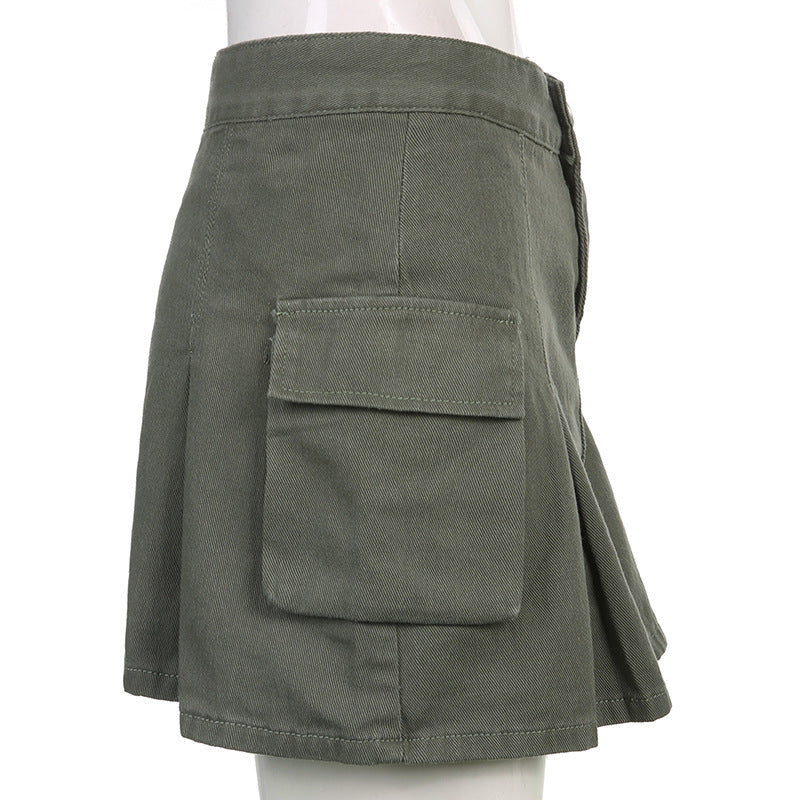HOUZHOU Vintage Pocket Denim Cargo Skirt Women Korean Preppy Style High Waist Solid A-line Casual Pleated Mini Skirt Y2K E Girl