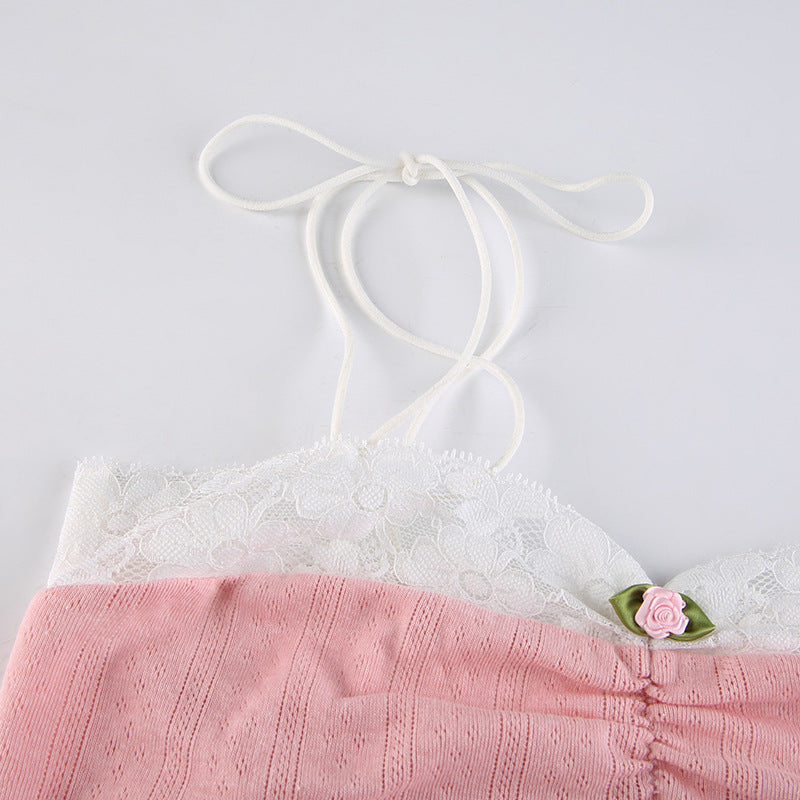Lizakosht  Solid Color Lace Stitching Lace-up Vest Pleated 2022 New Summer Navel Small Flower Square Collar Suspender Female
