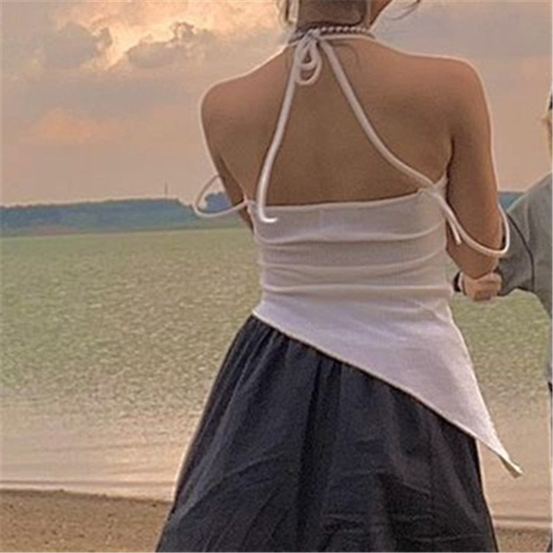 Lizakosht White Sleeveless Vest Sexy Solid Temperament Slim Fit Irregular Halter Camisole Lace Up Summer Sling Tops Koean Fashion Sweet