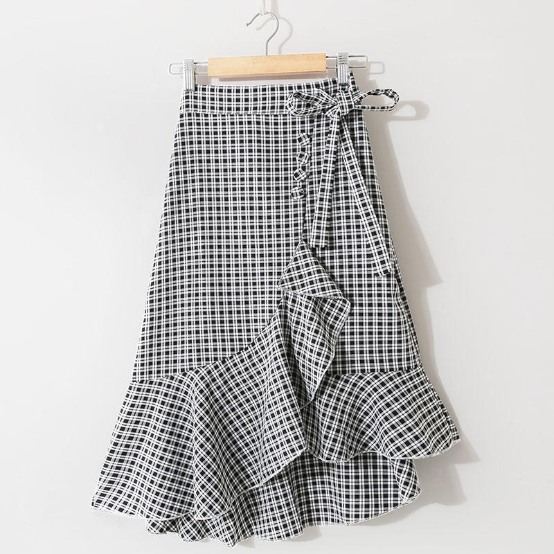 Summer Korean Lace-up Plaid High Waist Slim Ruffled Irregular Midi Skirt Elastic Waist A-line Side Split Ruffles Knee Skirts
