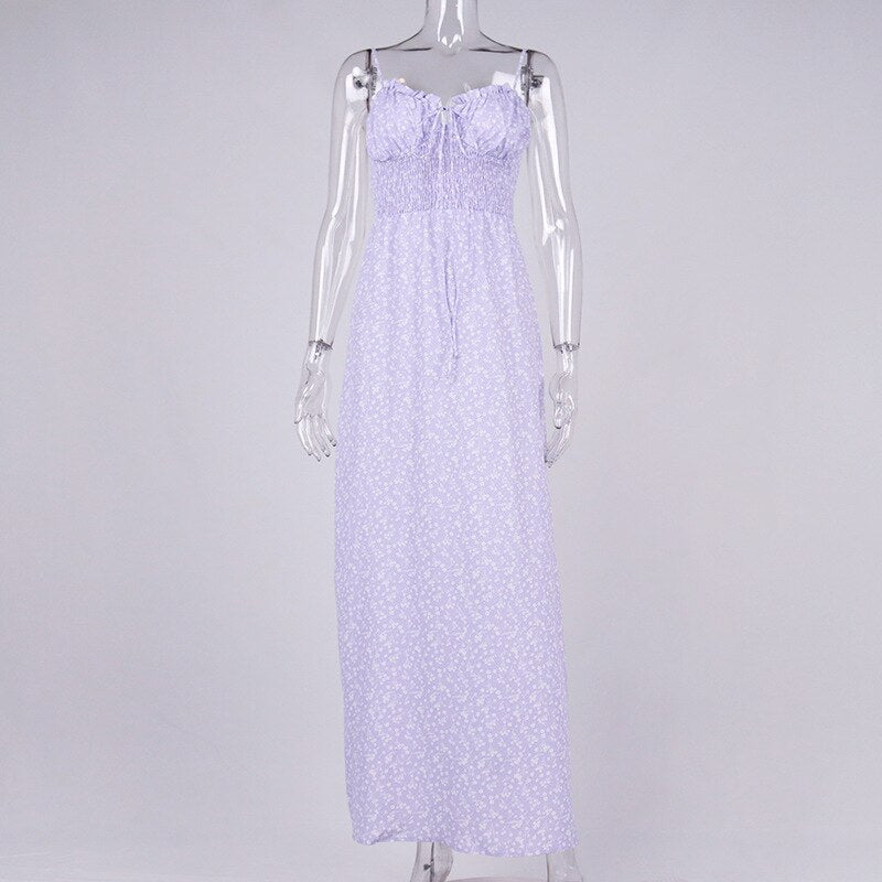 Sexy Floral Spaghetti Strap Dress Women Summer Purple Print Lace Up Elegant Slim Backless Fairycore Long Dress Party