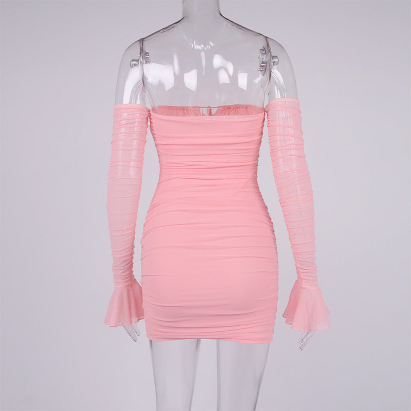 Lizakosht  Mesh Sexy Dress for Women 2022 Slash Collar Flared Sleeves Lace-up Mini Bodycon Dress Boat Neck Pleated Tight Dress