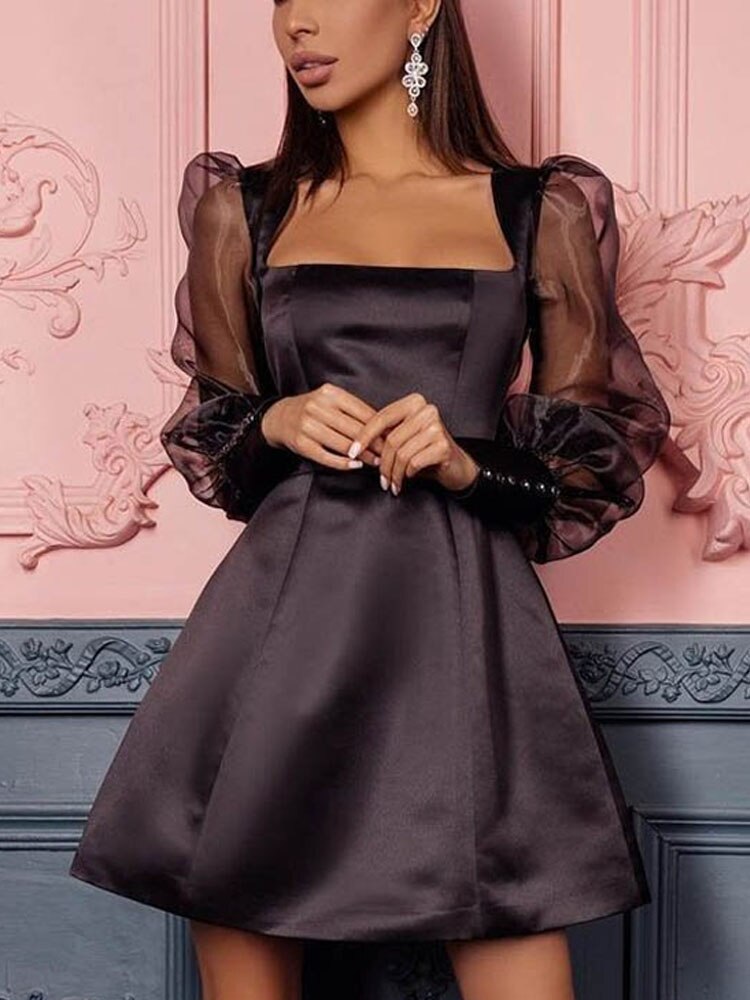 Lizakosht  Elegant Puff Shoulder Long Sleeve Party Dress Spring Fashion Sexy Square Collar Mini Dress New Women Sheer Mesh Silk Satin Dress