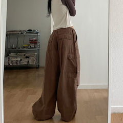 Lizakosht Ladies Harajuku Baggy Drawstring Pockets Cargo Pants Women Letter Embroidery Low Waist Casual Straight Trousers