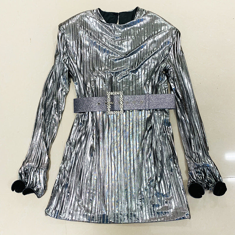 Lizakosht  Pleated Mini Dress with Belt Silver Gold 2022 New Designer BLING BLING Shiny Long Flare Sleeve Fashion Party Summer Dress