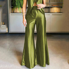 Lizakosht Summer Street Casual Trousers Outfits Fashion Women Two Piece Set Elegant Cross Slit Loose Tops Pullover + Long Flare Pants Suit