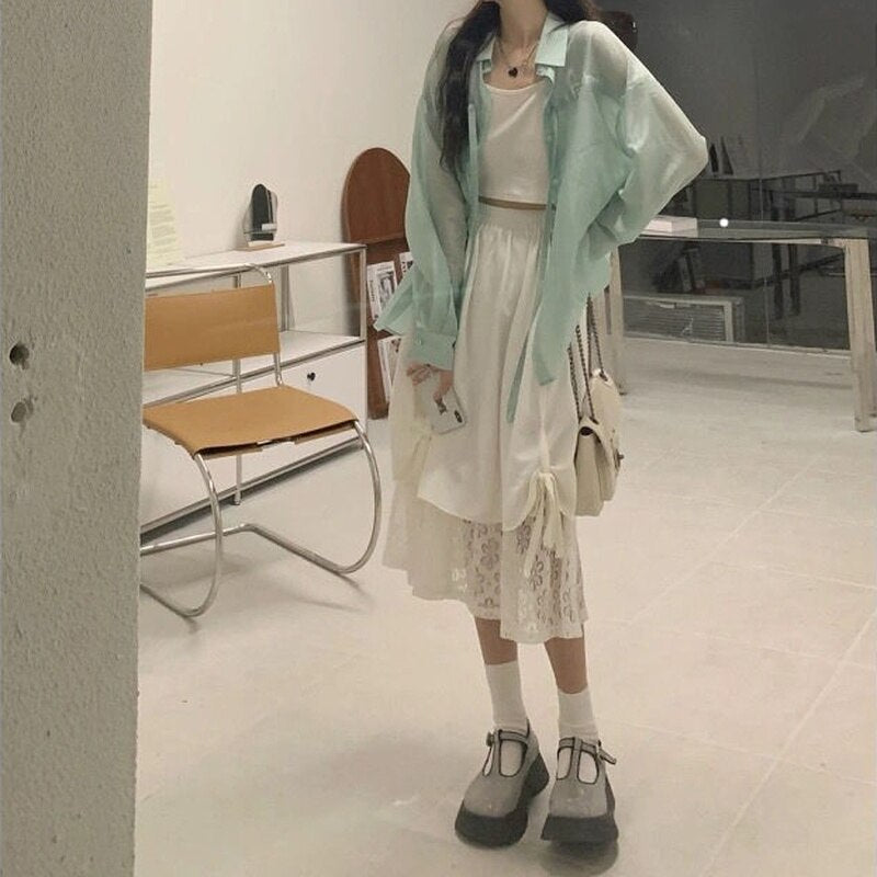 HOUZHOU Long Skirts Lace Patchwork Women Harajuku Irregular High Waist Bow Bandage A-line Midi Skirt Kawaii Japanese Streetwear