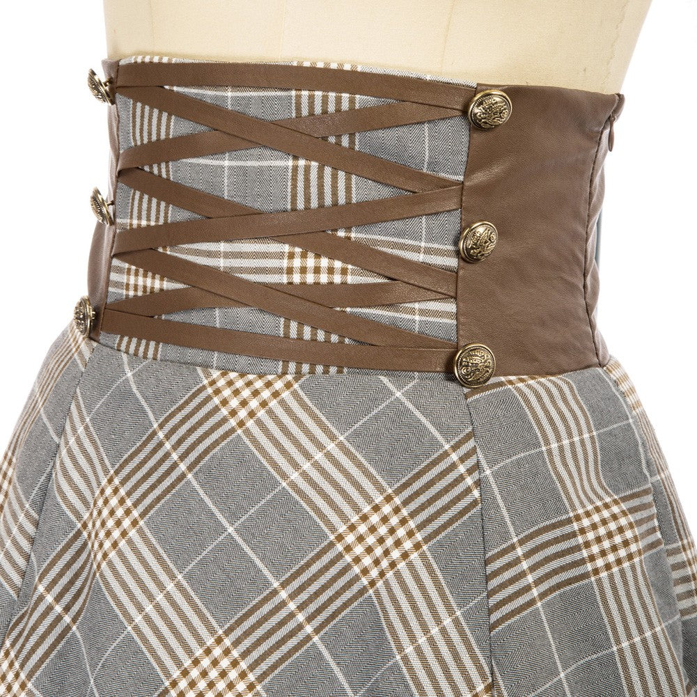 SD Womens Plaid Skirts Vintage Renaissance Corset Waisted Skirt High Waist Buttons Elegant Beach Harajuku Long A-Line Skirt